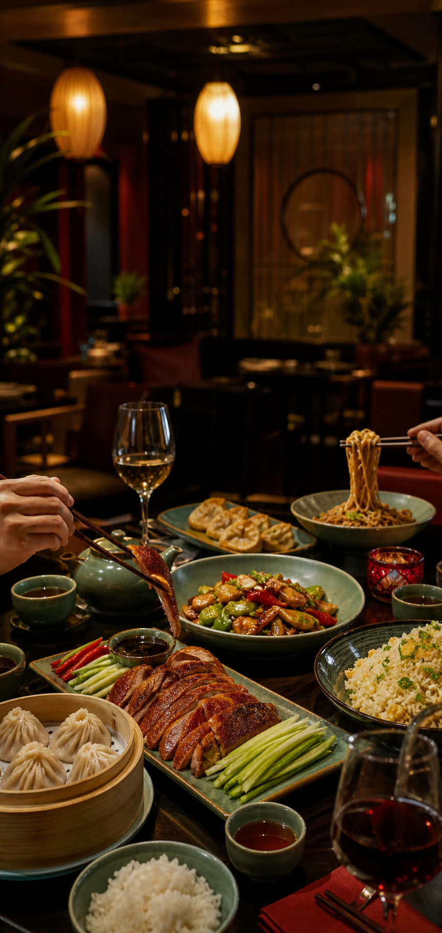 Chinese and Asian sharing dishes on a warm restaurant table